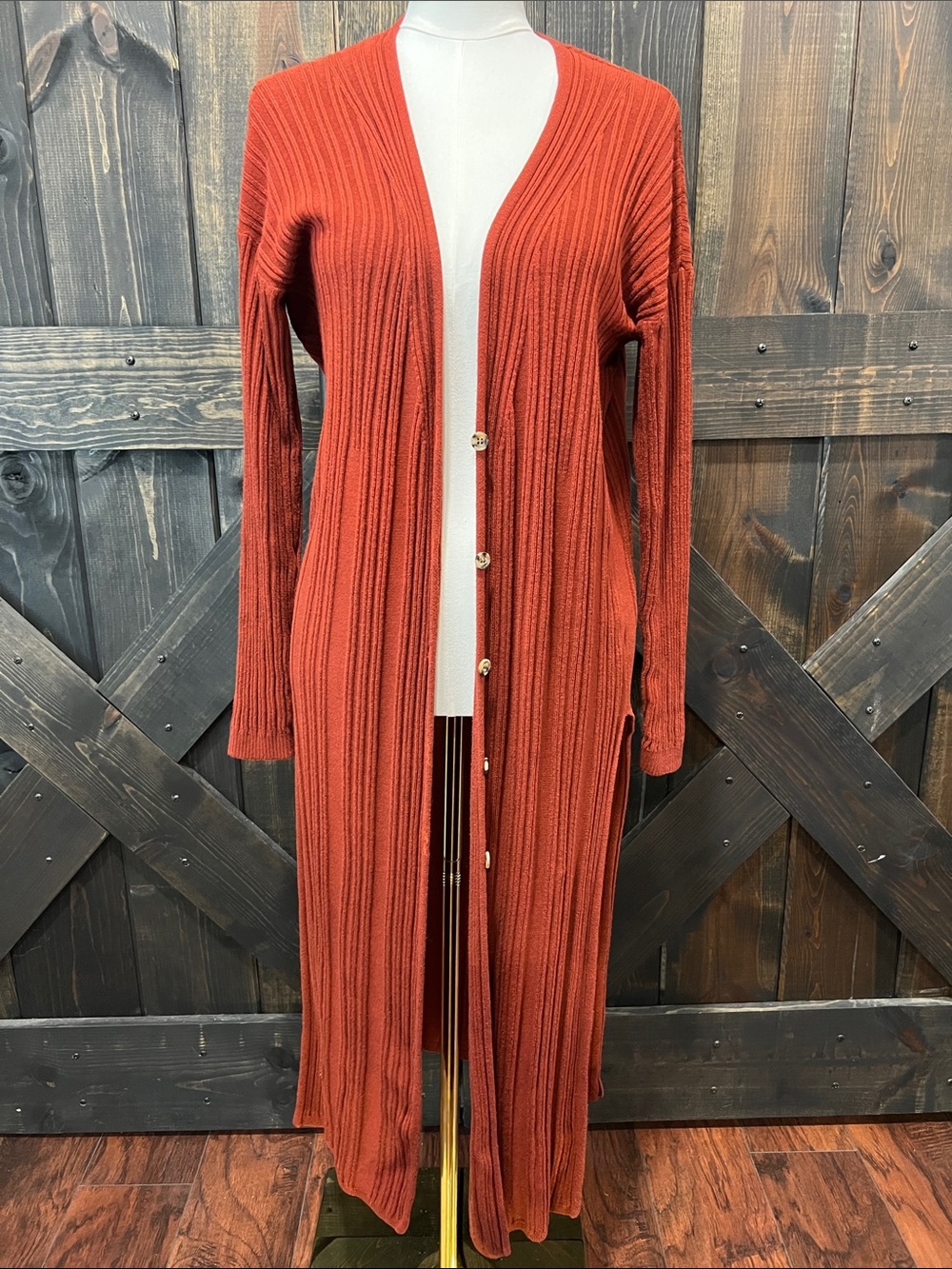Free People Burnt Orange Brown Ribbed Duster Cardigan M Longline Boho Coastal